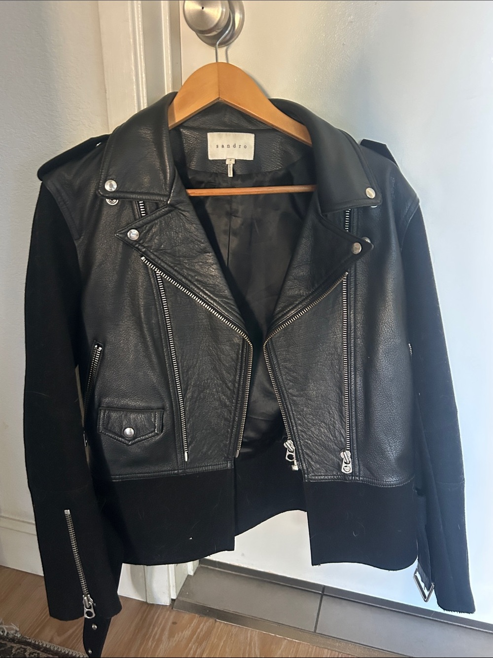 Sandro Black Leather Moto Jacket with Wool Panels Sz 3 (M-L)